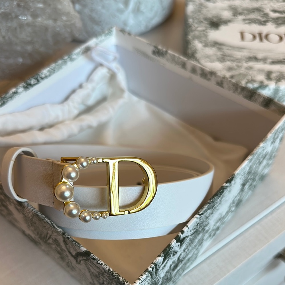 Dior White Leather Belt with Gold Pearl-Embellished 'D' Buckle